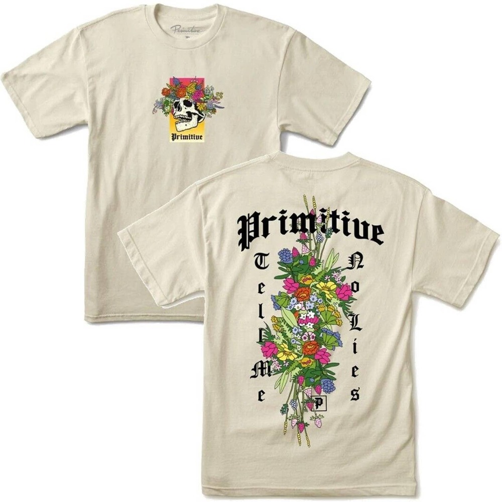 Primitive Skateboarding Apparel Men's Truth Skull Floral Tee T-Shirt in Cream